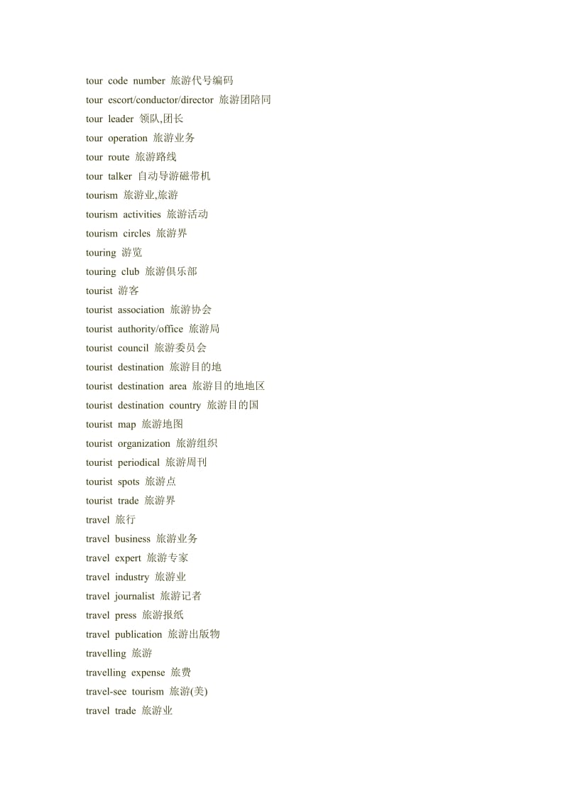 旅游专业英语词汇表